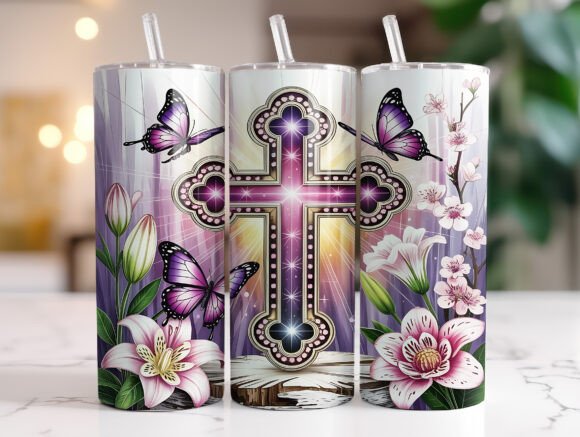 Floral Cross Christian 20oz Tumbler Wrap Graphics